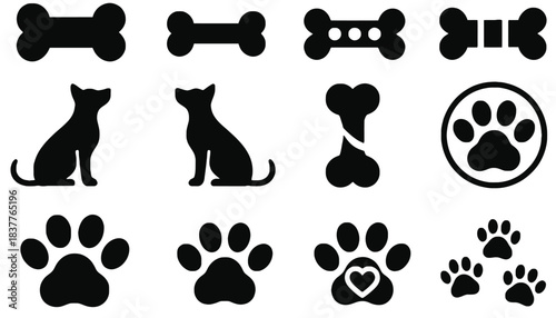 A collection of dog-related icons including bones and paw prints.