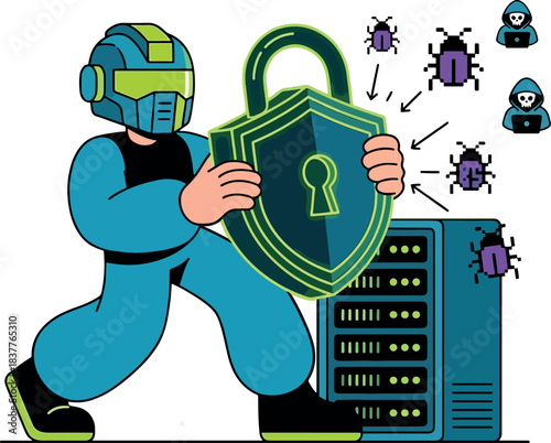 A cyber-defender or robot protects a server from digital threats, hackers, and viruses using a shiel