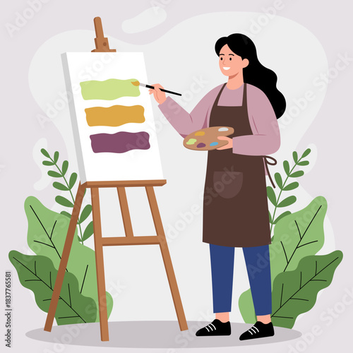 Illustration of a female artist painting on an easel with a palette, symbolizing creativity, hobby, art class, and painting workshop.