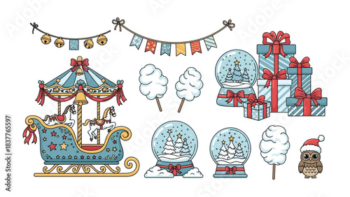 Festive Christmas Carnival: A whimsical ensemble of classic carnival elements, including a carousel, snow globes, gifts, and ornaments, creating a joyous and celebratory Christmas atmosphere.