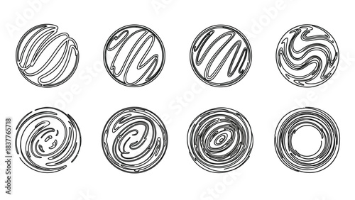 Set of eight abstract black and circular line art icons with swirling and diagonal patterns, perfect for design elements or logos
