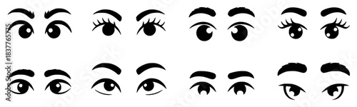 Collection of Diverse Cartoon Eyes and Eyebrows in Black and White