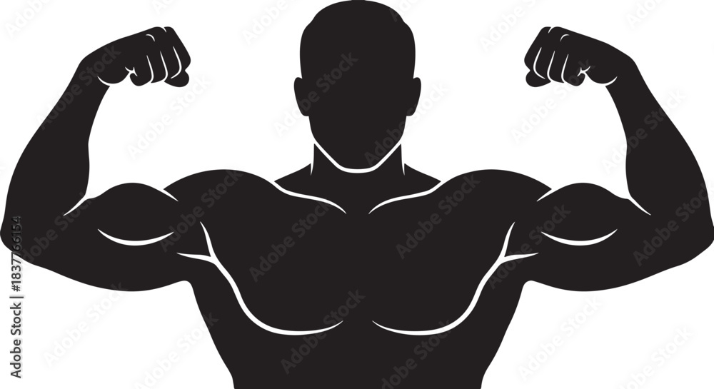 Fototapeta premium Black silhouette of a strong man flexing muscles on white background, vector
