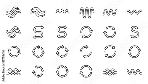 Set of 24 line icons representing waves, flow, arrows, and circular rotation or refresh symbols