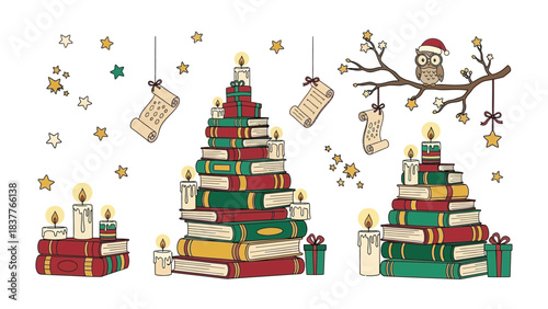 Literary Christmas Tree: A whimsical holiday scene presents stacks of books creatively arranged into the shape of Christmas trees. Adorned with glowing candles, festive decorations and an owl.