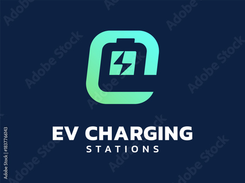 Electric vehicle charging with battery storage symbols overlapping in letter e logo vector design concept. Letter e logotype symbol for Electric Car, EV station, ui, application, new technology.