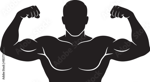 Black silhouette of a strong man flexing muscles on white background, vector