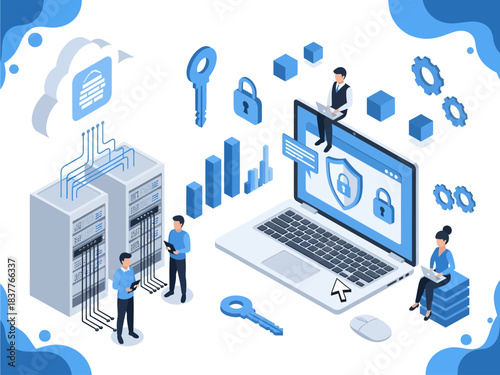 This blue-themed isometric illustration depicts an IT team managing cloud infrastructure and cybersecurity, featuring server racks, a shielded laptop, and floating encryption keys