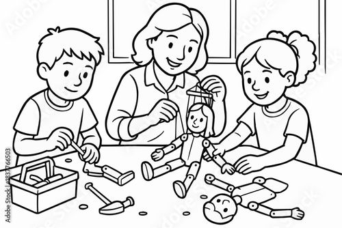 Coloring book for children - Children crafting wooden dolls with adult supervision indoors  