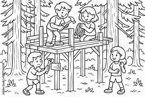 Coloring book for children - Kids building a wooden treehouse in a forest setting  