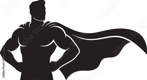 Black silhouette of a superhero pose man on white background, vector.