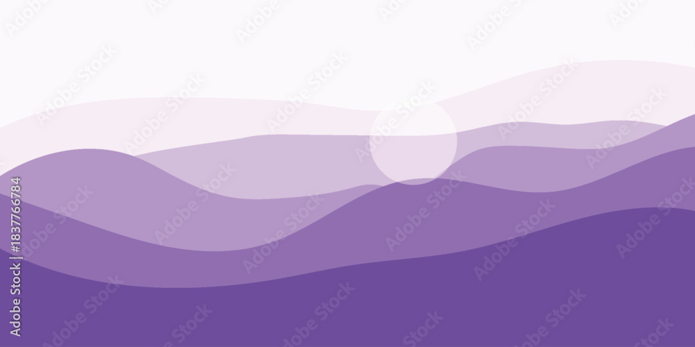 Fototapeta premium A minimalist abstract landscape illustration featuring layered purple waves and a subtle white sun or moon against a gradient sky.