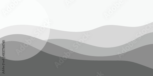 Abstract grey and white wavy layers with overlapping translucent circle, minimalist background design.