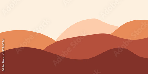 Abstract minimalist landscape with rolling hills in warm earthy tones and layered shades of orange and brown.