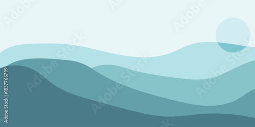 Abstract layered landscape with rolling blue and teal hills under a light sky and subtle sun.