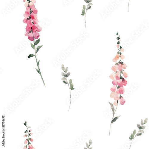 Konstfotografi Seamless watercolor pattern with pink foxglove flowers and green leaves