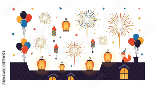 Festive Rooftop Celebrations: An enchanting illustration capturing a cheerful fox on a rooftop, illuminated by festive lanterns and radiant fireworks displays.