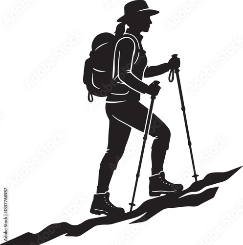 Black silhouette of a woman hiking on white background, vector