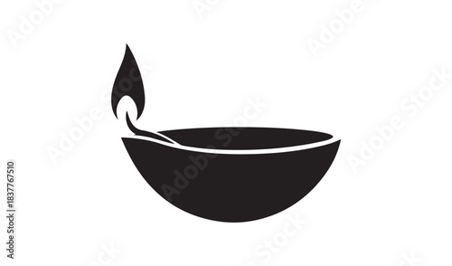 Simple black silhouette of a burning oil lamp on white background