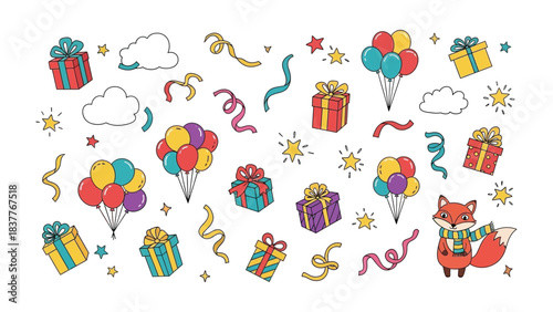 Celebration Elements Illustration: A charming assortment of festive elements, including gift boxes, colorful balloons, playful stars, and joyful ribbons.