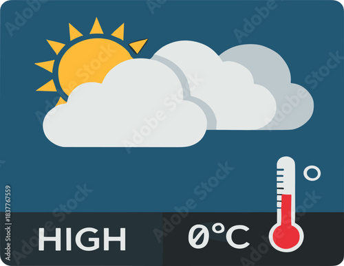 Flat design vector icon illustrating a weather forecast for a high temperature of zero degrees Celsius, showing a sunny and cloudy atmospheric condition with a red thermometer.