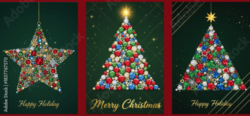 Set of Black Merry Christmas and Happy Holiday Cards & Posters - Colorful Minimalist Design Templates with Typography and Season's Wishes for Greeting Cards, New Year Covers, Web, and Social Media. 