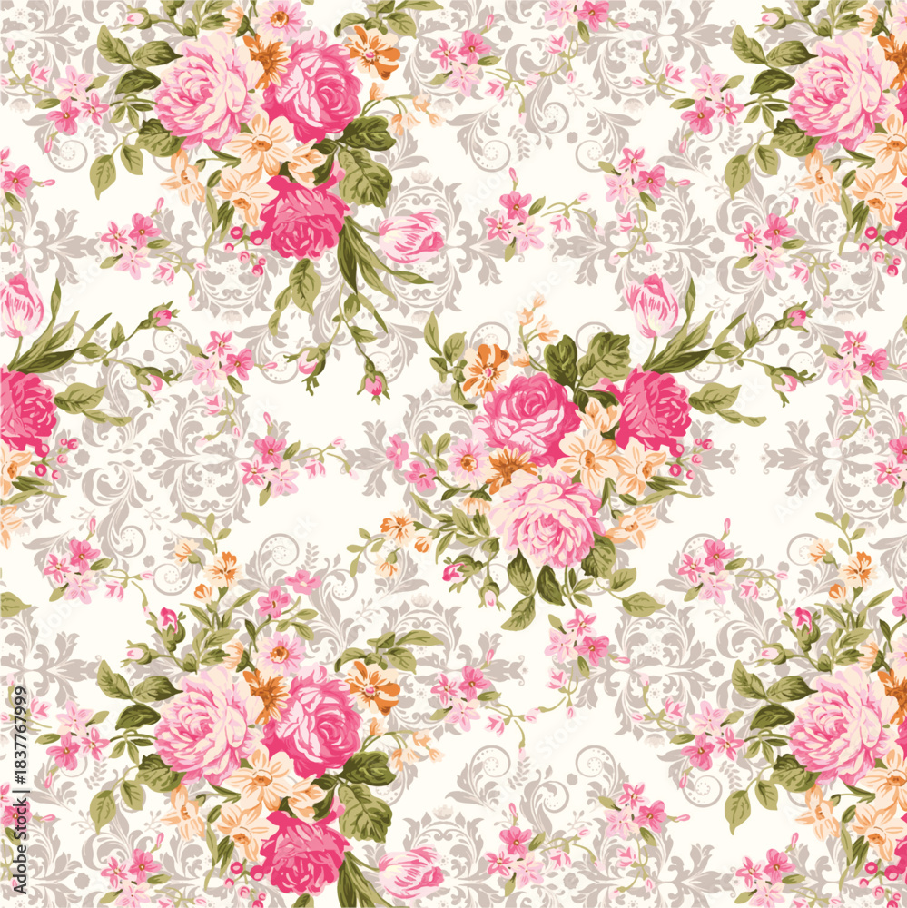 Fototapeta Romantic Pink Rose Floral Print with Damask Accents