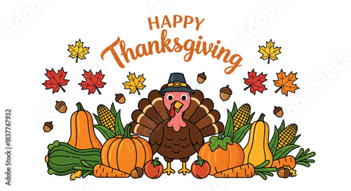 Thanksgiving holiday cartoon illustration featuring a happy turkey, autumn harvest vegetables, and colorful fall leaves, perfect for seasonal greetings