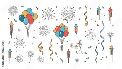 Celebration elements for Festive Fun: A collection of festive elements, including balloons, confetti, fireworks, and party poppers, creating a playful and celebratory atmosphere.