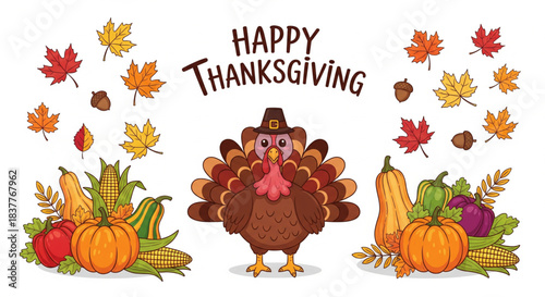 Cheerful cartoon turkey in a pilgrim hat, surrounded by vibrant autumn harvest decorations and colorful fall leaves, perfect for seasonal holiday designs