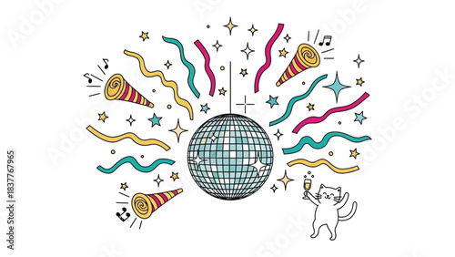 Disco Ball and Celebration: A vibrant illustration showcasing a lively party scene. A disco ball at the center with swirling streamers, stars, and musical notes.