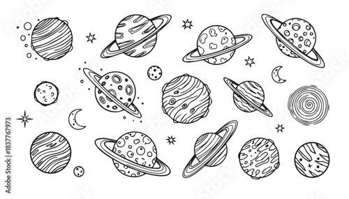 various planet and celestial doodles. Hand-drawn illustration depicting various planets and celestial bodies in black and white.