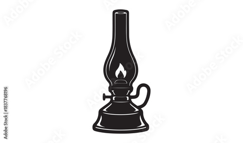 Vintage kerosene lamp with a lit flame in black and white