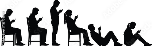 People silhouettes using smartphones, sitting and standing poses, social media addiction concept, texting shadows, communication icons, modern lifestyle, mobile phone users, SEO friendly graphic set