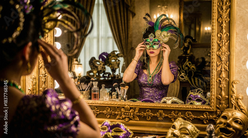 A woman puts on a mask while getting ready for the Mardi Gras carnival in an elegant room in front of a mirror
