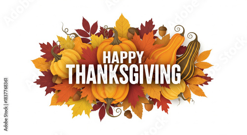 Happy Thanksgiving autumn leaves and pumpkins text overlay with festive seasonal graphics and falling leaves