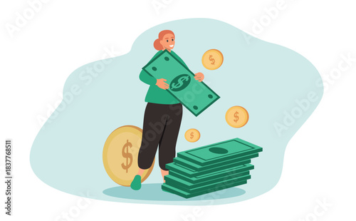 vector flat style illustration. woman holds banknote