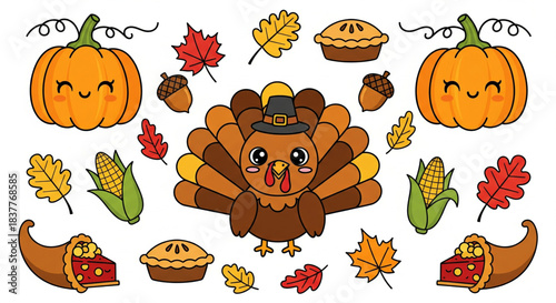 Cute Kawaii Autumn Harvest Characters and Fall Symbols for Thanksgiving and Halloween Celebrations