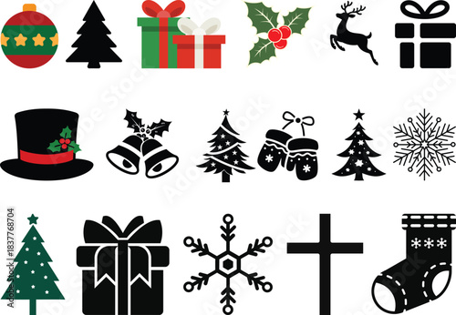 A collection of Christmas icons including Santa Claus, reindeer, and a Christmas tree. The icons are arranged in a grid, with some icons overlapping each other