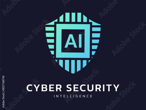 Cyber security intelligence data protection with AI Technology microchip overlapping in shield shape vector logo design concept. Abstract shield security icon logotype for ID ui, identify, automation.