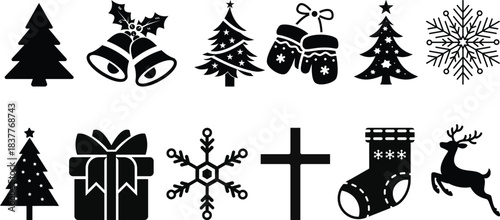 A collection of Christmas icons including Santa Claus, reindeer, and a Christmas tree. The icons are arranged in a grid, with some icons overlapping each other