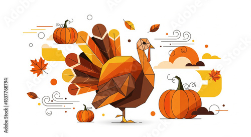 Geometric Thanksgiving Turkey and Pumpkins Illustration Featuring Autumn Leaves and Whimsical Clouds