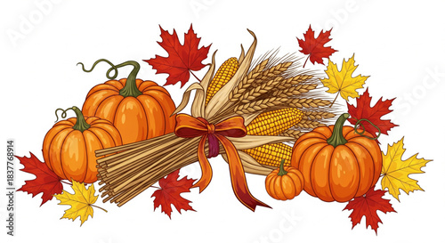 Autumn Harvest Arrangement of Pumpkins, Corn Stalks, and Maple Leaves