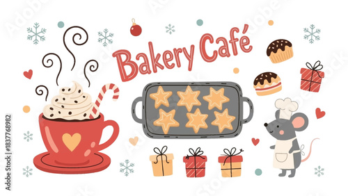 Cozy Bakery Delights: A cheerful illustration showcases a warm bakery scene filled with sweet treats, inviting warmth, and holiday cheer.