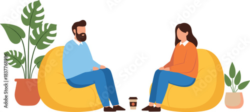 Informal Business Meeting or Therapy Session Vector Illustration with a Man and Woman Relaxing on Yellow Beanbag Chairs Drinking Coffee.
