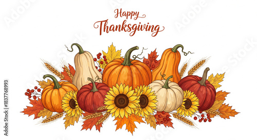 Happy Thanksgiving illustration featuring pumpkins, sunflowers, and autumn leaves, perfect for seasonal greetings and decorations