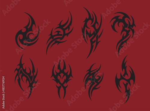 Neo Tribal Shapes Collection. Set Of Y2k Cyber Sigilism Tattoo Gothic Patterns Vector Design. Streetwear Print Graphic.