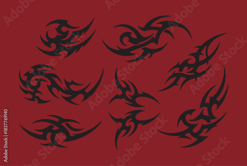 Neo Tribal Shapes Collection. Set Of Y2k Cyber Sigilism Tattoo Gothic Patterns Vector Design. Streetwear Print Graphic.