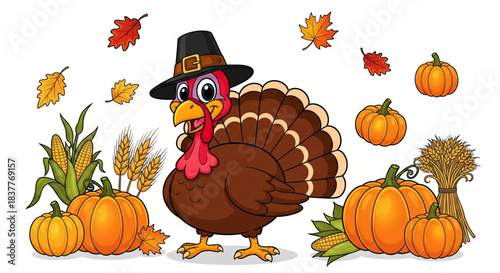 Happy Thanksgiving Turkey with Pumpkins, Corn, and Autumn Leaves, Celebrating a Festive Harvest