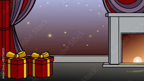 Two red gift boxes with gold ribbons near a fireplace and window with stars and red curtains drawn back